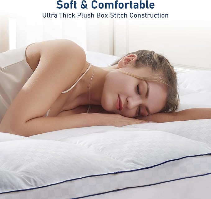 California King Mattress Topper Extra Thick Pillowtop Cooling Mattress Topper Plush Mattress Pad Cover Protector with 8-21 Inch Deep Pocket 3D Snow Down Alternative Fill White
