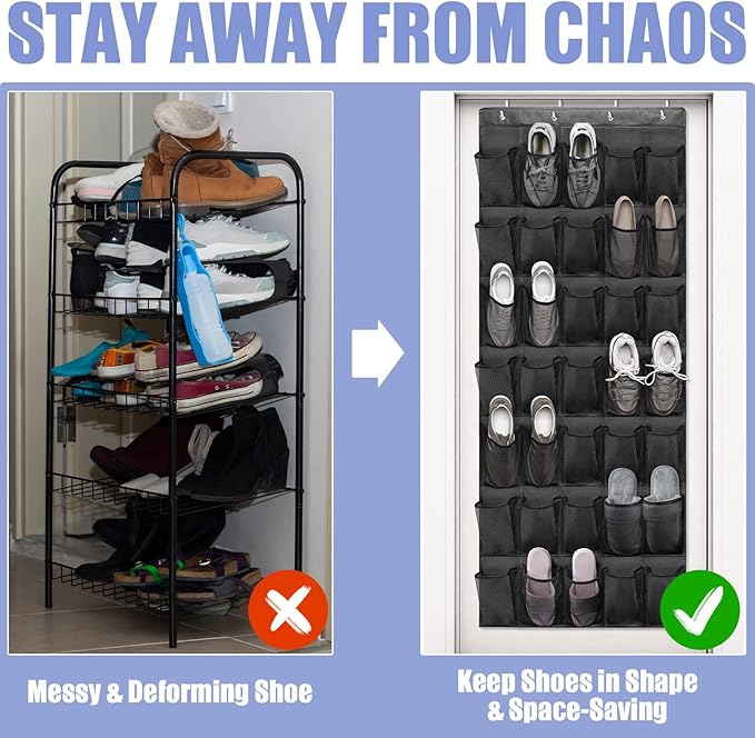 Tiblue Over The Door Shoe Organizers 35 Mesh Pockets Hanging Shoe Organizer Shoe Rack For Closet Entryway Bedroom Bathroom Pantry Shoe Holder, Men Sneakers, Women High Heeled Shoes, Flip Flops Black