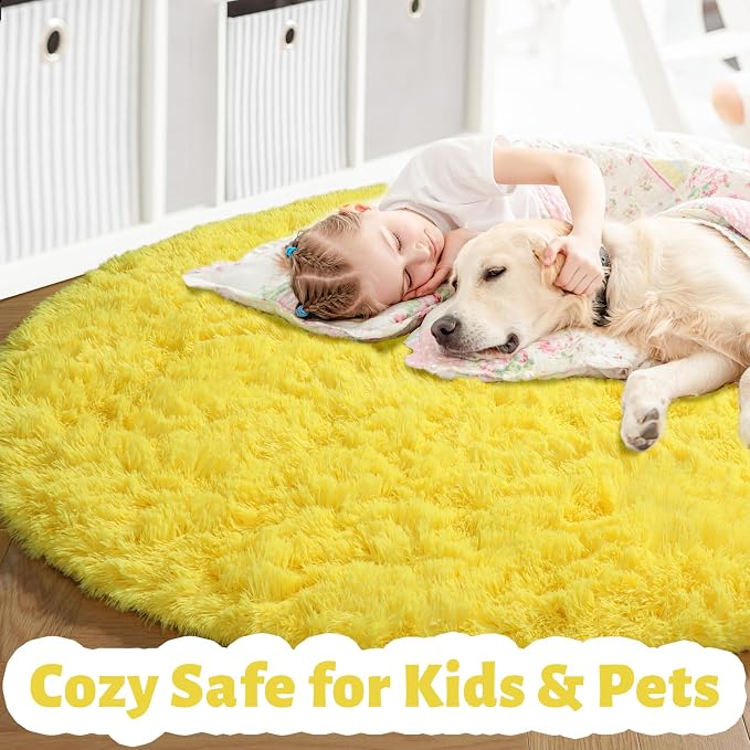 Amdrebio Yellow Round Plush Shag Area Rug 4Ft - Image 3