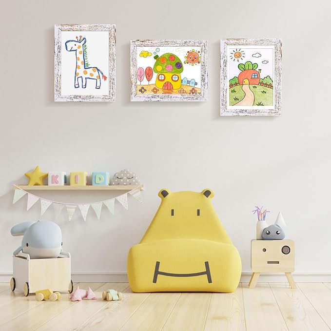 KINLINK 9x12 Kids Art Frames Set of 2, Solid Wood Kids Artwork Frames Changeable with Acrylic Front Opening Holds 150 Pictures, Art Frame for Kids Artwork with Mat or without Mat, Rustic White