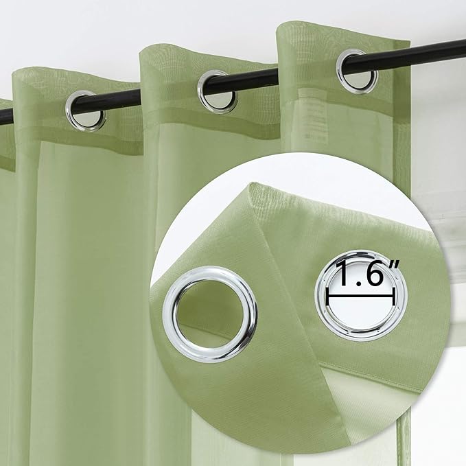 DUALIFE Sage Green Sheer Curtains 63 Inch Length for Kitchen 2 Panels Set with Grommet Window Treatments for Living Room Bathroom Dining Room St Patric Day Decor 52X63 Inches Long(Light Green)