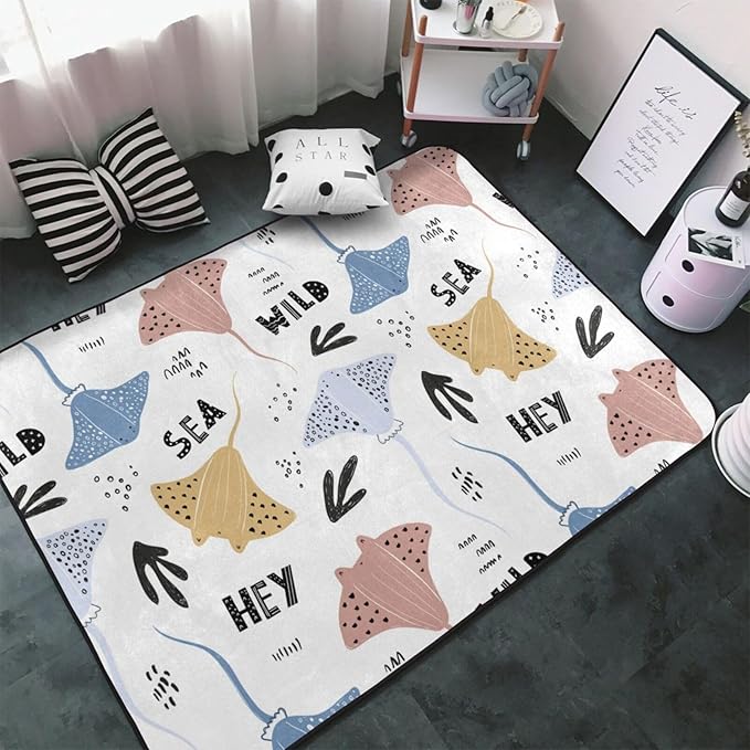 Area Rugs for Living Room Decor - Stingrays Scandinavian Style Cute Anti Slip Throw Washable Rugs 3x5 for Bedroom - Indoor Soft Carpet for Bedroom Living Room 60x39In