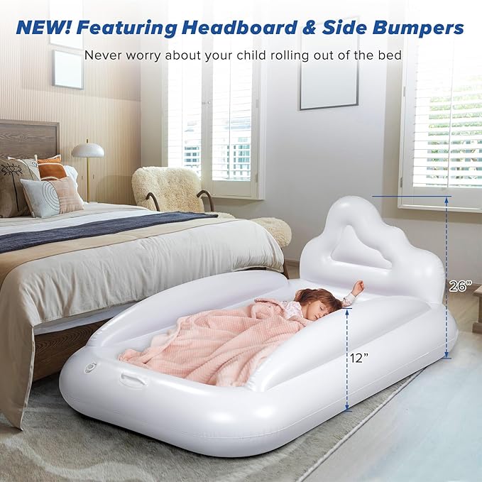 Inflatable Toddler Travel Bed, Reversible 2 Color Kids Air Mattress | Kids Blow up Mattress with Sides | Portable Toddler Bed for Travel, Sleepovers - Navy Blue & Grey