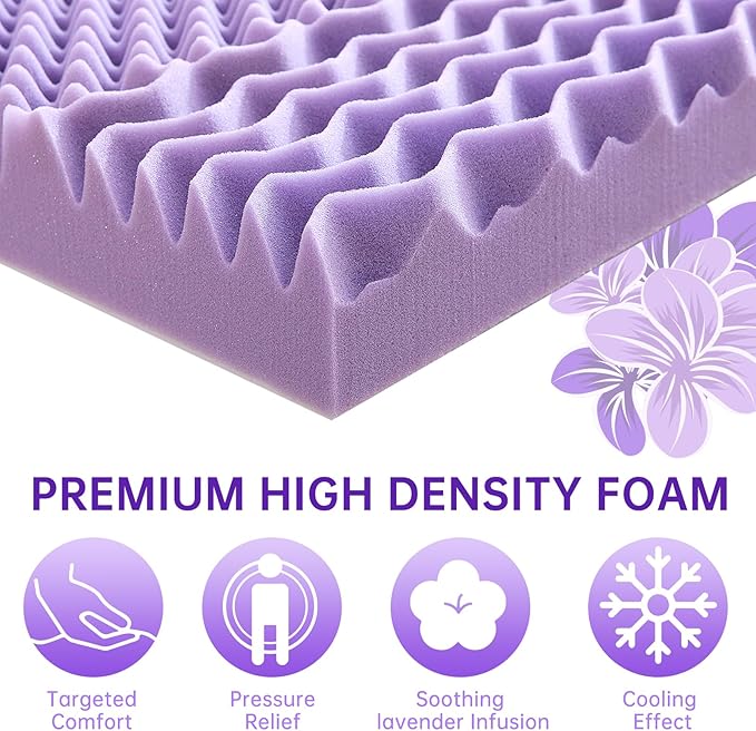 MUXHOMO 2 Inch 7-Zone King Mattress Topper, Egg Crate Foam Mattress Topper King Size for Back Pain, Lavender Cooling Gel Infused Bed Pad, CertiPUR-US and Oeko-TEX Certification (76"×80")