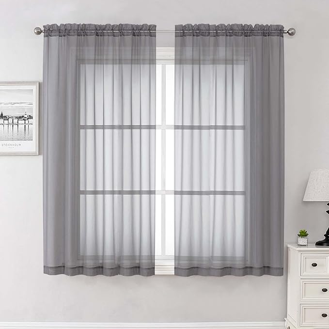 Charcoal Grey Sheer Curtains 63 Inch Length 2 Panels, Rod Pocket Light by Lecloud