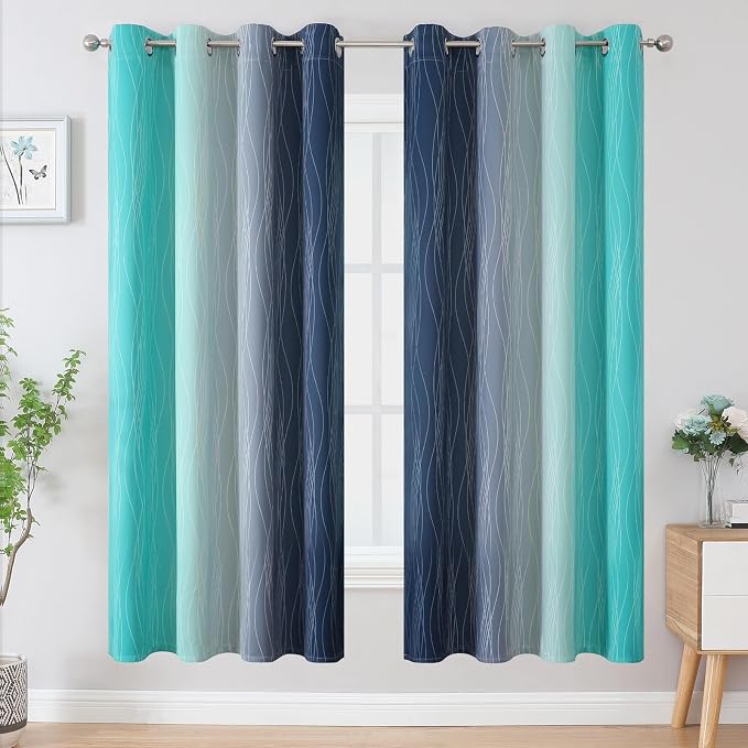 Navy Blue and Teal Gradient Blackout Curtains - Image 2