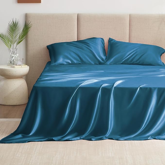 Love's cabin Satin Queen Sheets Set - 4 Piece Teal Silky Bed Sheets with Deep Pocket, Luxury Silk Feel Satin Queen Size Sheet Set (1 Flat Sheet,1 Fitted Sheet,2 Pillow Cases)