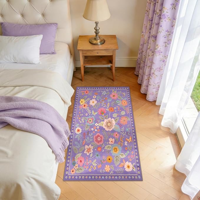 Floral Washable 2x4 Area Rugs Runner Entryway Hallway Purple/Pink | Flower - Image 8