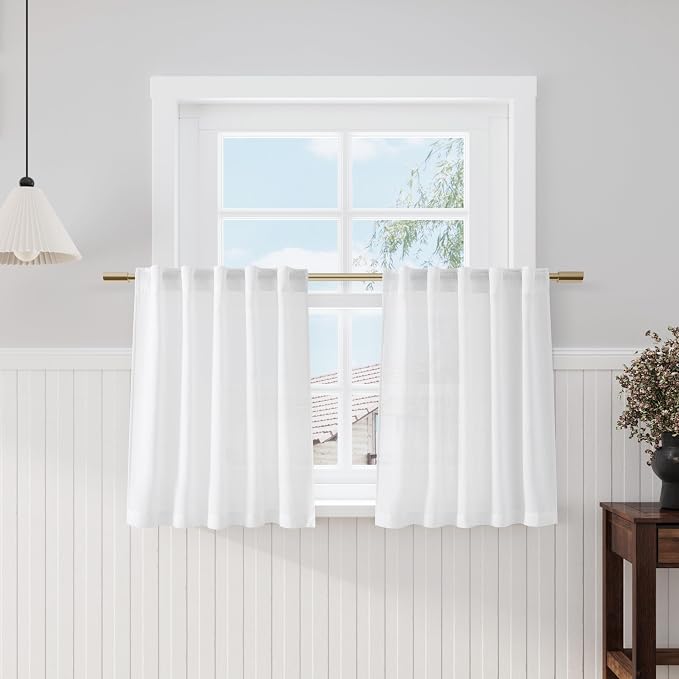 White Linen Cafe Curtains 30 Inch Length Privacy Light Filtering Semi Sheer by Nanspring