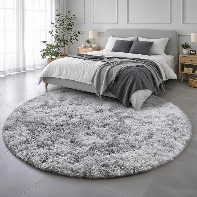 Amdrebio Tie-Dyed Light Grey Fluffy Area Round Rug 5Ft - Image 3