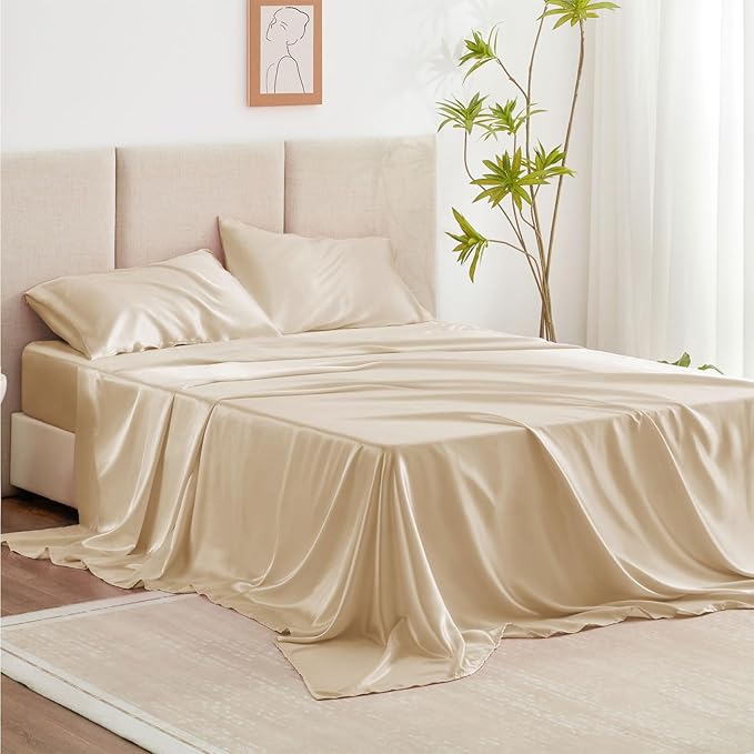 Love's cabin Full Size Satin Sheet Sets - 4 Piece Beige Silky Sheet Set with Deep Pocket, Luxury Silk Feel Satin Sheets Full Bedding Set (1 Flat Sheet,1 Fitted Sheet,2 Pillow Cases)