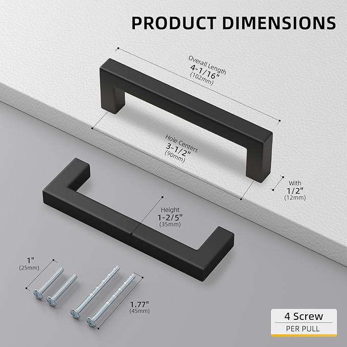 goldenwarm 50 Pack 3-1/2 Inch Black Cabinet Handles Matte Black Drawer Pulls Stainless Steel Cabinets Hardware Square Bar Modern for Kitchen Bathroom Cupboard