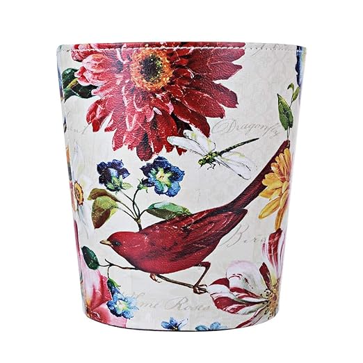 Leather Trash Can, Retro Decorative Waste Basket, 10L Capacity Small Waste Paper Basket, Waterproof Garbage Can for Bathroom, Bedroom, Office, Kitchen and Living Room - Red Bird