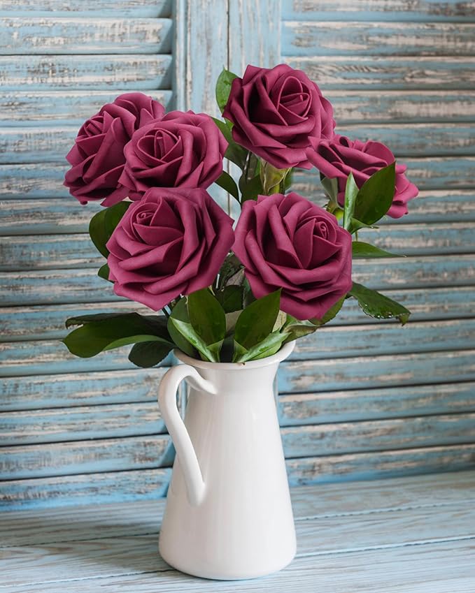 JOYLEX Artificial Flowers Realistic Roses, Real Looking Fake Roses with Stem for DIY Wedding Bouquets Centerpieces Bridal Shower Party Home Romantic Decorations (Wine Red, 100pcs)