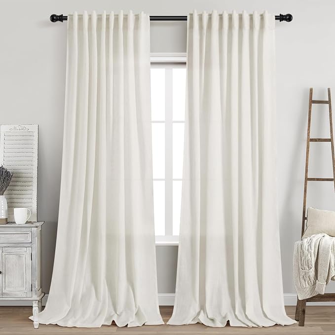 Linen Light Filtering Curtains 96 Inches Long 2 Panels Long Cream Semi Sheer by Nanspring