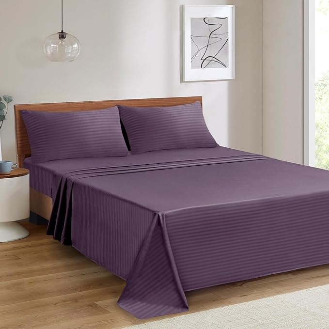Mejoroom Striped Full Size Sheets – Extra Soft Full Size Bed Sheets - 16inches deep Pocket Full Sheet Set, Breathable, Wrinkle, Fade and Stain Resistant - 4 Piece (02-Purple)