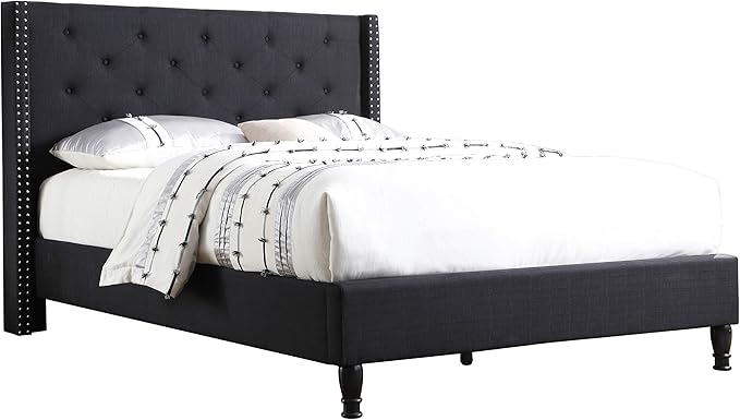 HomeLife Premiere Classics Cloth Black Linen 51" Tall Headboard Platform Bed with Slats Queen - Complete Bed 5 Year Warranty Included 007