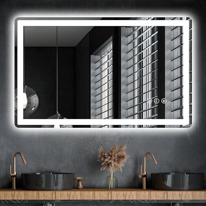 LED Bathroom Mirror 48"x 30" with Front and Backlight, Anti-Fog, Lighted Bathroom Vanity Mirror for Wall, Dimmable, Shatter-Proof, Rounded Rectangle Mirror Tempered Glass(Horizontal/Vertical)