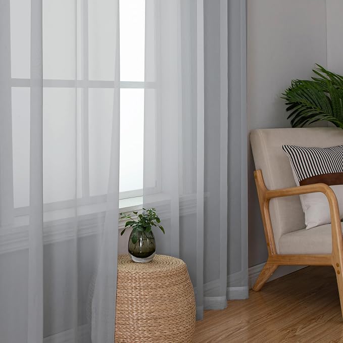 Light Grey Sheer Curtains 90 Inches Long 2 Panels, Light Filtering Voile Airy - Image 2