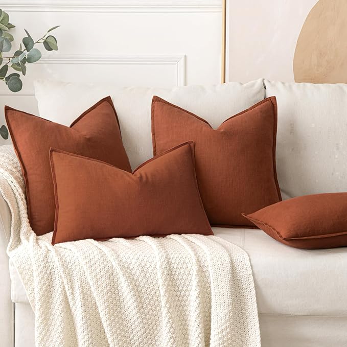 MIULEE Decorative Linen Euro Sham Pillow Covers 26x26 Rust | Boho Farmhouse​ - Image 4
