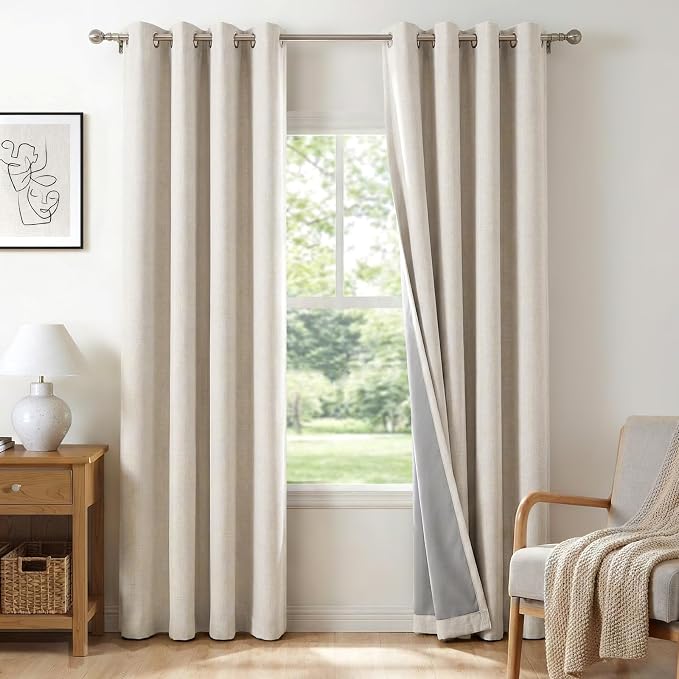 100% Blackout Linen Textured Curtains 90 Inch Long, Light Blocking, Thermal by 100BlackoutShield