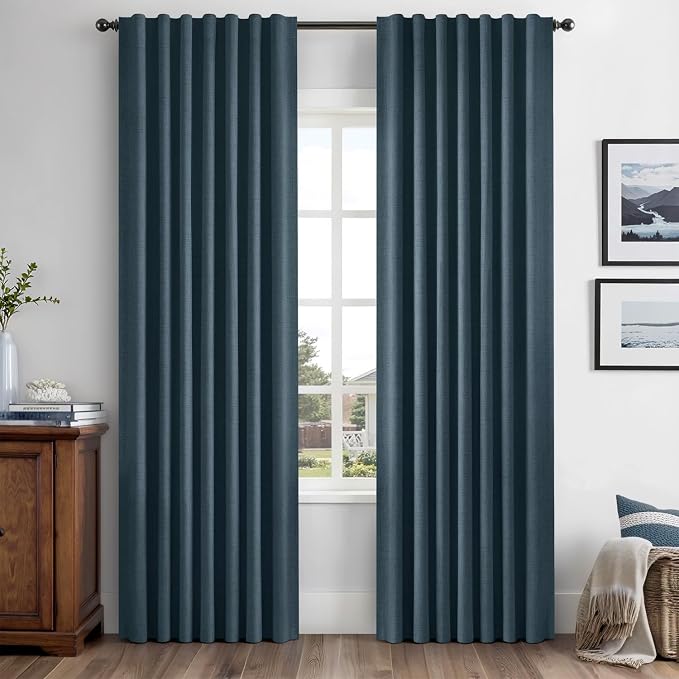 MIULEE 100% Blackout Linen Curtains 42 x 63 Inch Navy Blue 2 Panels | Thermal by MIULEE