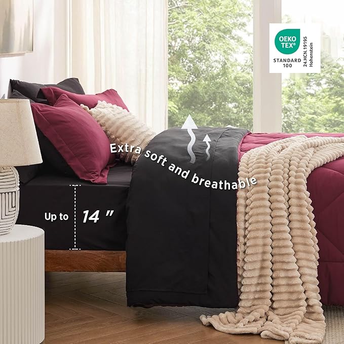 Bedsure Full Size Comforter Set - 7 Pieces Reversible Burgundy and Black Bedding, Full Size Bed Set for All Seasons, Bed in a Bag with Down Alternative Comforter, Sheets, Pillowcases & Shams