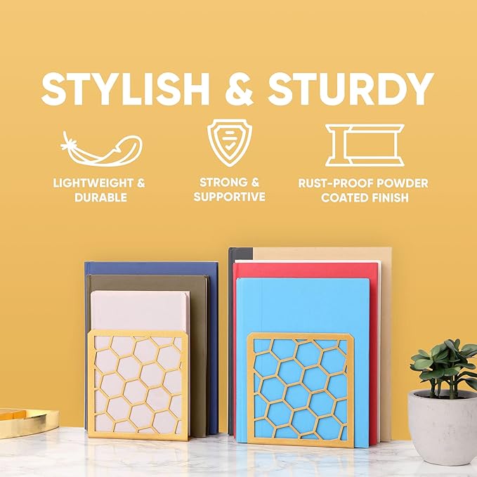 GEOMOD Geometric Honeycomb Gold Metal Bookends Decorative - Tall Sturdy Book Ends for Shelves - Modern Heavy Duty Bookend Stopper - Office or Home Book Shelf Book Holder - 6x3.25x6.25 Inches - 1 Pair
