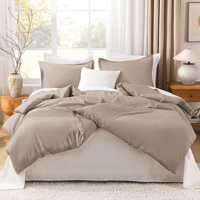 Litanika Light Coffee Oversized King Comforters Super King Size, 3 Pieces Lightweight Solid Bedding Comforter Set, All Season Fluffy Bed Set (120x120In Comforter & 2 Pillowcases)