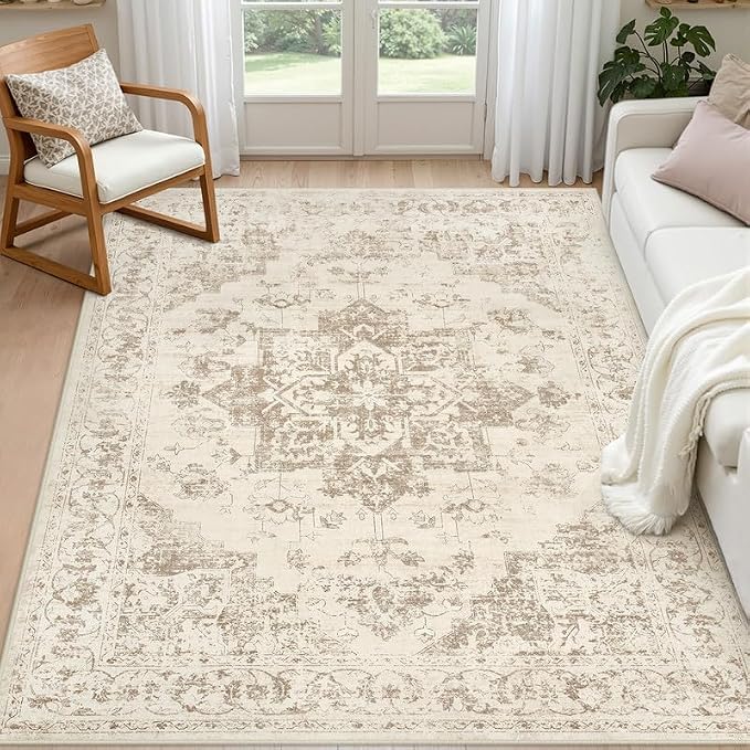 3x5 Area Rugs Living Room: Bedroom Washable Carpet Beige/Ivory | Vintage Boho by Luxturiy