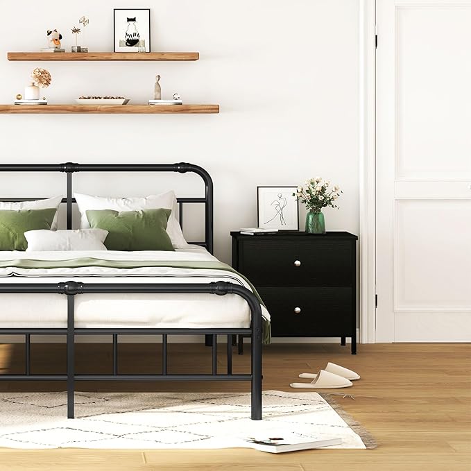BOLUO Black Nightstand 2 Drawer Dresser for Bedroom,Small Night Stand End Table with Fabric Drawers Modern