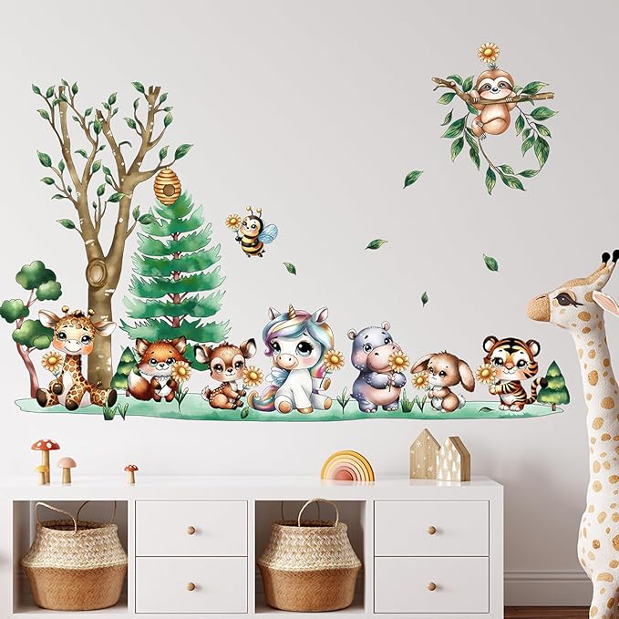 Jungle Animal Wall Stickers Forest Safari Wall Decals Kid Room Nursery Baby Bedroom Décor (Animal Chrysanthemum)