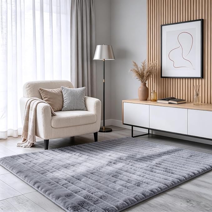 Blue Grey Rabbit Striped Plush Rug 3'x5', Fluffy Shaggy Area Rug - Image 2