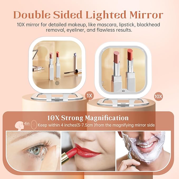 FASCINATE 10X Magnification Compact Travel Makeup Mirror with Lights and Magnification, 3.5 inch Portable 1X/10X Magnifying Mirror with 3 Color Light, Folding, Handheld (White)