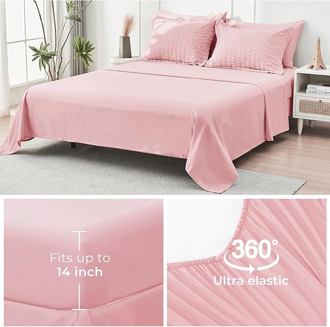 HYMOKEGE Pink California King Comforter Set Seersucker 7 Pieces, All Season Luxury Bed in a Bag for Bedroom, Bedding Set with Comforters, Sheets, Pillowcases & Shams