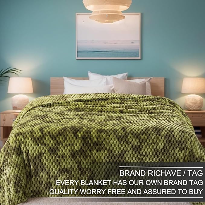 Richave Fleece Throw Blanket,Premium Lightweight Anti-Static 50x60 Inches Travel Size 3D Clouds Stylish Jacquard Throw Blanket for Winter, Tie-dye Olive Green