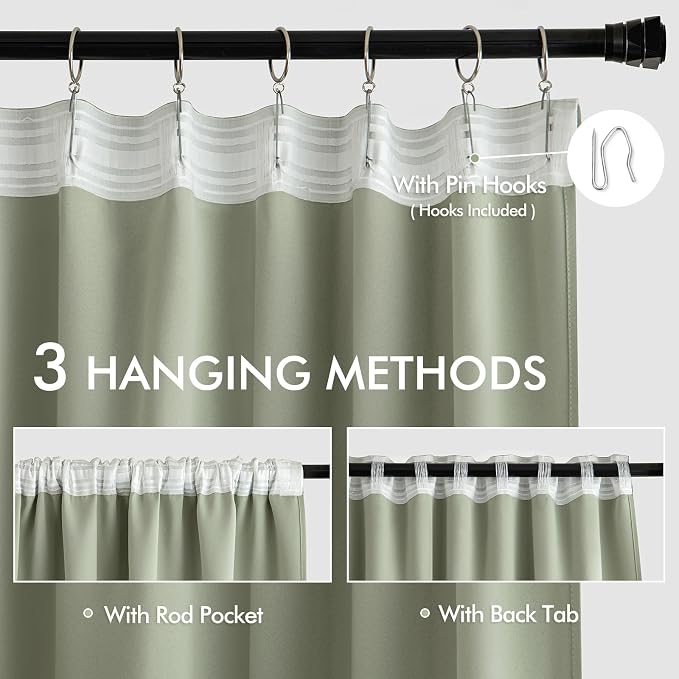 MIULEE Sage Green Back Tab Blackout Curtains 52x84 Inch Length 2 Panels Set | - Image 3