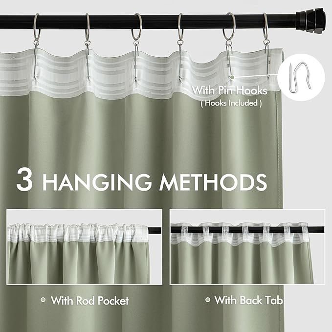 MIULEE Sage Green Back Tab Blackout Curtains 52x63 Inches Long 2 Panels Set | - Image 3