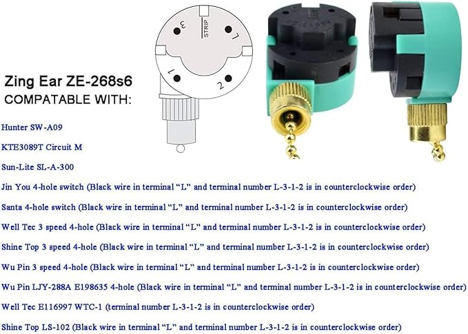 Ceiling Fan Switch ZE-268S6 3 Speed 4 Wire Bronze Zing Ear For Ceiling Light Fans Lamps and Wall Lights Pull Chain Switch Replacement On-Off with Pull Chain,1 Pack