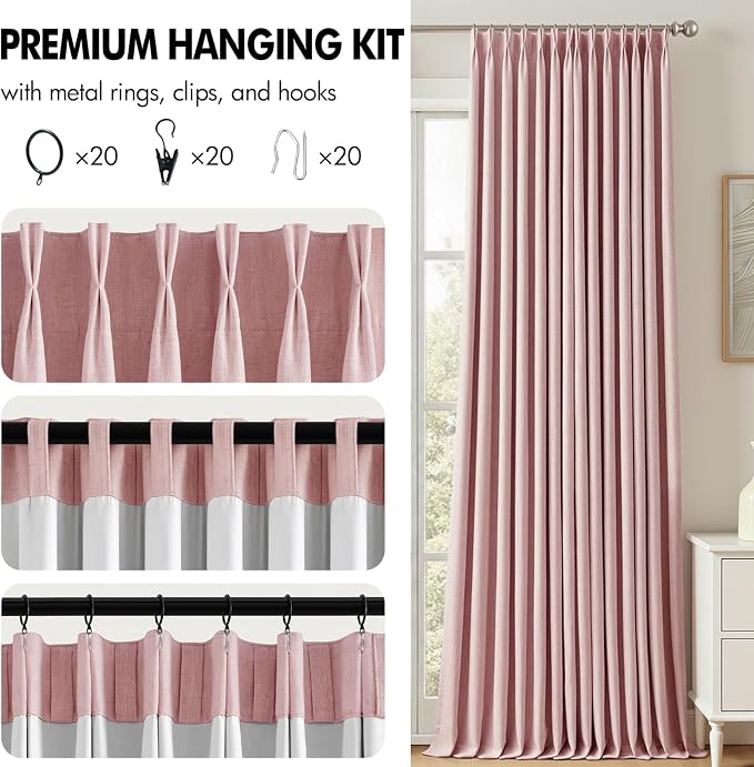 MIULEE Pink Pinch Pleated 100% Blackout Linen Curtains 40x108 Inches | Room - Image 8