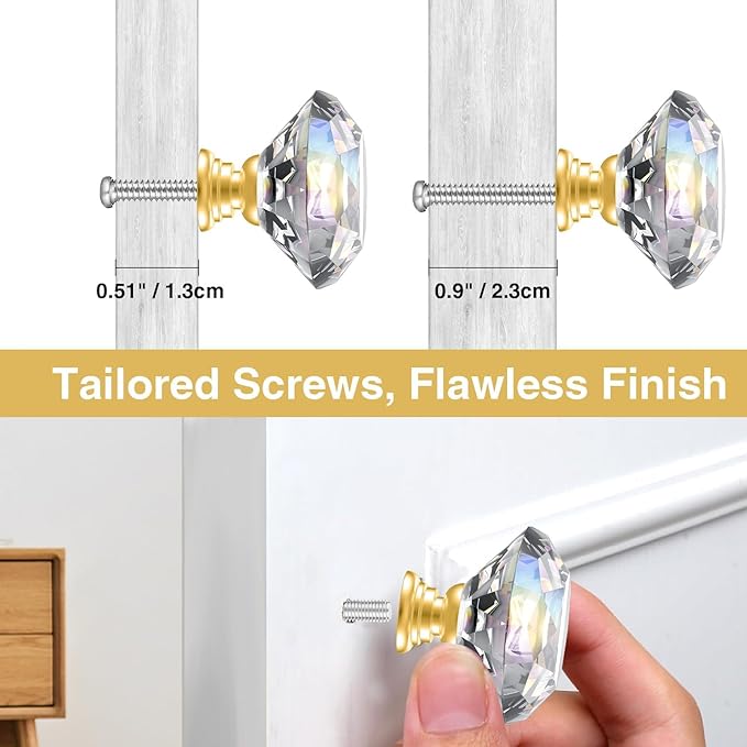 POZEAN Crystal Drawer Knobs 30 Pack, 1.18 inch Knobs for Cabinet, Dresser with Two Different Sizes Screws, Diamond Glass Pulls Handles (30mm, 30Pack, Clear-Gold)