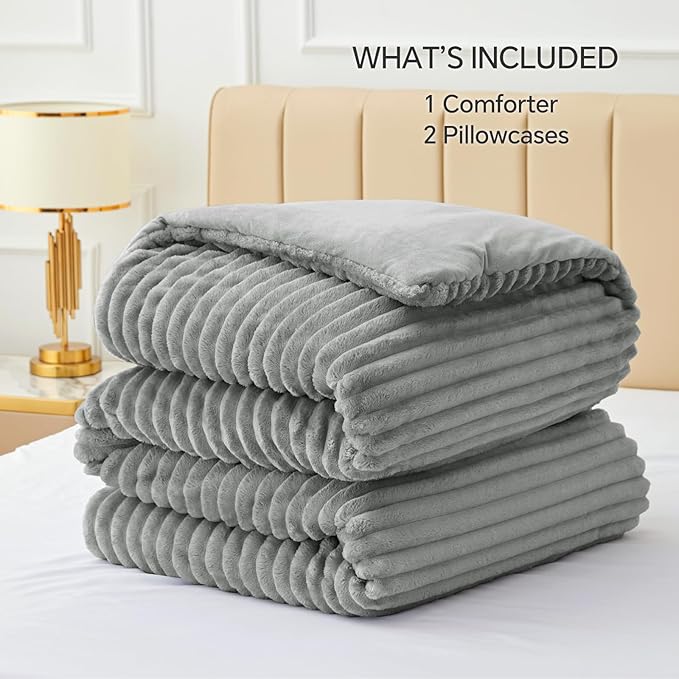 BEDELITE Fleece Oversized Queen Comforter Set -Super Soft & Warm Fluffy Light Grey Bedding, Luxury Fuzzy Heavy Bed Set for Winter with 2 Pillow Cases