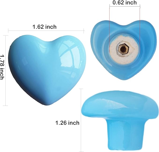 Ceramic Drawer Knobs Heart Shape Cabinet Dresser Pulls Handles with 3 Sized Screws, Kitchen Furniture Knobs for Closet Cupboard Wardrobe (6 Pack, Blue)