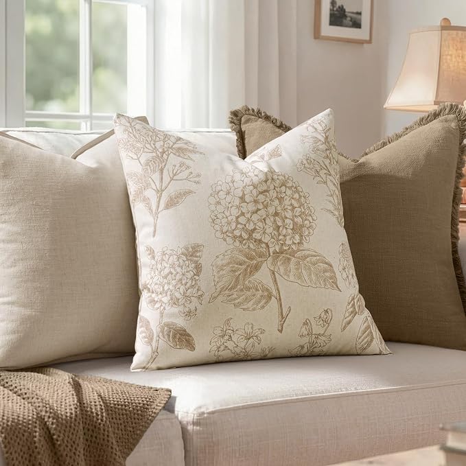 Set of 2 Decorative Floral Pillow Covers 20x20 Inch Tan Beige | Neutral - Image 3