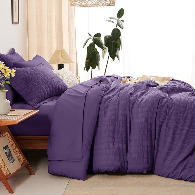 CozyLux King Size Comforter Set Purple Seersucker 7 Pieces Bed in a Bag King Comforter Set with Sheets, Luxury Soft Bedding Set with Down Alternative Comforter, Sheets, Pillowcases & Shams All Seasons