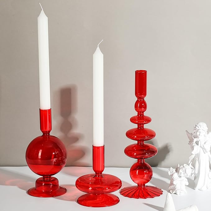 Rtteri 3 Pcs Glass Candlestick Holders Glass Candle Holders Groovy Wavy Elegant Taper Candle Stick for Wedding Home Birthday Party Christmas Halloween Decoration Windowsill Decor(Red)