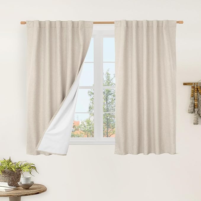 Natural 100% Blackout Linen Curtains 48 Inches by LAMIT