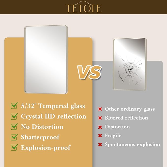 TETOTE 42 x 36 Inch Brushed Nickel Mirror Metal Framed Bathroom Mirror, Tempered Glass, Modern Farmhouse Wall Mounted Mirror for Decorative(Horizontal/Vertical)
