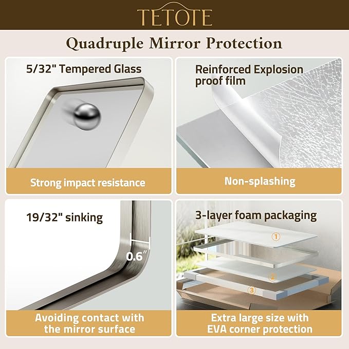 TETOTE Brushed Nickel Bathroom Mirror 20 x 30 Brushed Nickel Metal Framed Bathroom Mirror, Tempered Glass, Modern Farmhouse Wall Mounted Mirror for Decorative(Horizontal/Vertical)