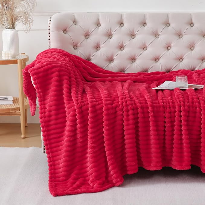 Cherry Red Throw Blanket for Couch Sofa 60x80 inches Striped Design | Fleece - Image 4
